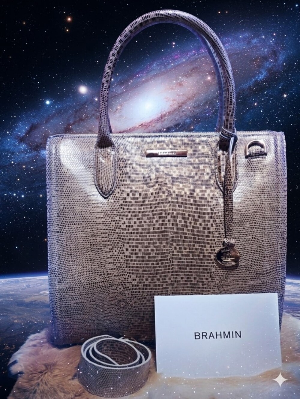 Brahmin Caroline Metallic Lizard-Embossed Satchel NWT